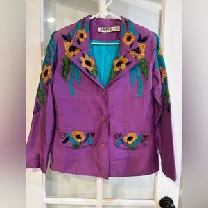 Anage Purple Blazer Jacket 100% Silk Sunflower Beaded Embroidered Whimsical 80s